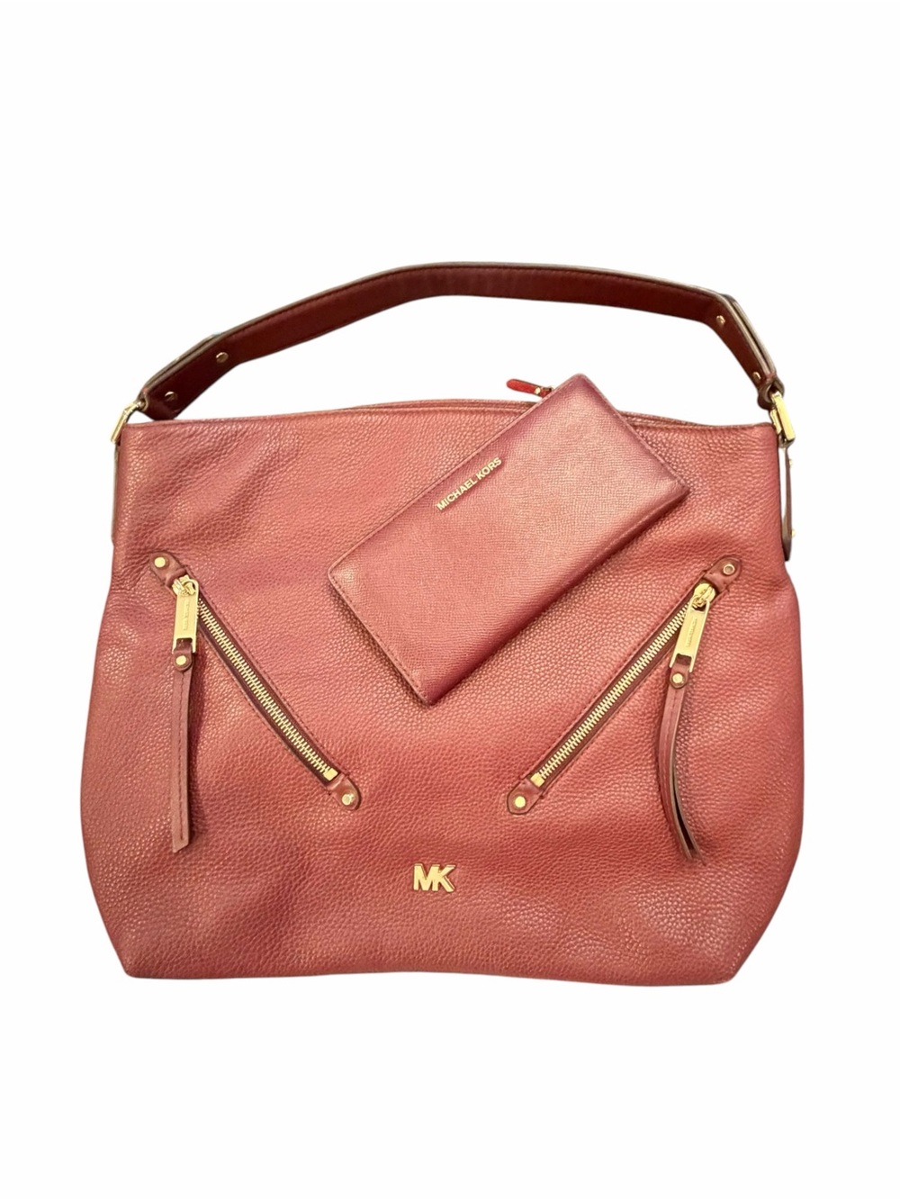 Michael Kors Evie Large Pebbled Leather Double Zipper Hobo Shoulder Bag + WALLET